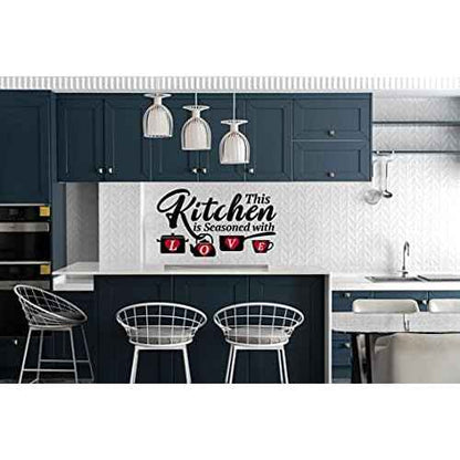 Kitchen Funny Quotes Wall Decals, This Kitchen is Seasoned with Love Family Love Words Red Hart Wall Decor for Dining Room Kitchenware Decoration Vinyl Wall Sticker for Restaurant Cafe