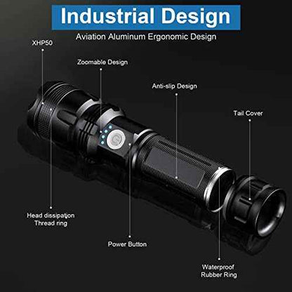 Rechargeable Flashlights 90,000 High Lumens - 2 Pack, Super Bright LED Flash Light with 5 Modes, 12 Hour Brightest Waterproof Handheld Flashlight for Home, Camping