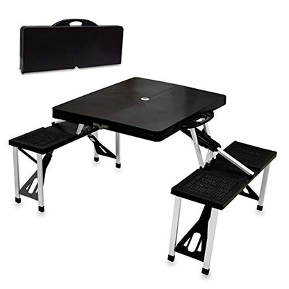 PICNIC TIME Picnic Table Portable Folding Table with Umbrella Hole and Bench Seats for Four for Tailgating, Picnics, and Beach, Collapsible to Suit-Case Style for Easy Transport, Lightweight, (Black)