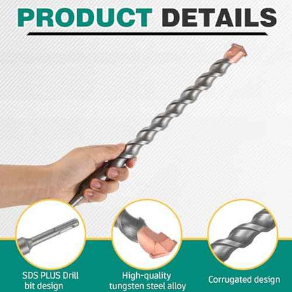 2 Pcs 1 Inch x 14 Inch Rotary Hammer Drill Bit Lengthening, Compatible with SDS Plus, Carbide Tipped to Easily Drill Through Concrete, Masonry Bit for Brick, Cement, Stone, Block and More