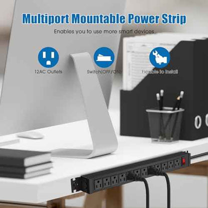 HHSOET 2 Pack Rotating Mountable Power Strip, 12 Outlet Wall Mount Surge Protector, Metal Heavy Duty and Versatile Outlet Strip, Stylish Appearance, Sturdy and Durable, 6ft Power Cord.(Black)