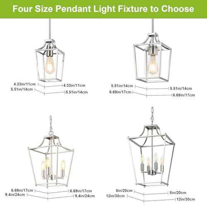 Brushed Nickel Lantern Pendant Light Fixture Pendant Lights for Kitchen Island with Clear Glass Shade, Adjustable Height Rods Pendant Lighting for Dining Room Kitchen Foyer Hallway