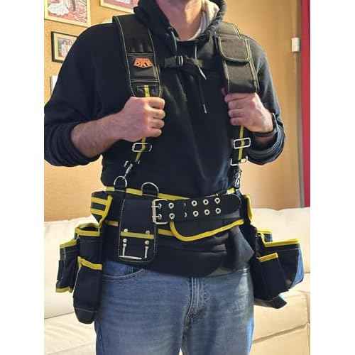 OKF 6-Piece Tool Belt with Suspenders,Magnetic Phone Holder and Hand Drill Tool Pouch Tool Rig for Framers Electrician 1680D Polyester Fabric,20 pockets,Black & Yellow,36-49In,5.5lb