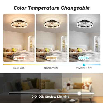 FOLKSMATE Ceiling Fan with Light and Remote, Low Profile Flush Mount Crystal Fandelier, Modern 6 Speeds Quiet Reversible, 2800-6500K Dimmable LED, Timer Fan Light for Bedroom Living Room Kitchen