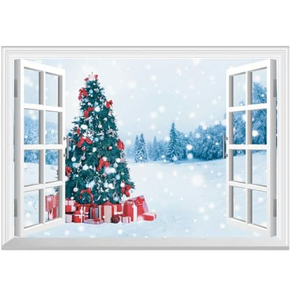 FLFK Fake Window Wall Decal - Christmas Tree Faux Window Wall Mural for Wall Decor, Peel and Stick Wall Sticker,24"x16"
