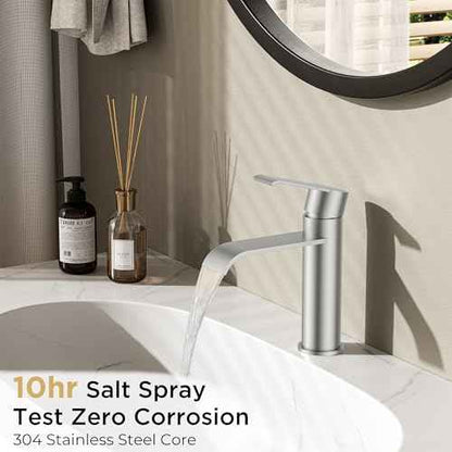 FORIOUS Brushed Nickel Bathroom Faucets, Modern Waterfall Bathroom for 1 or 3 Hole, Single Handle Faucets with Metal Pop Up Drain and 24" Supply Hoses