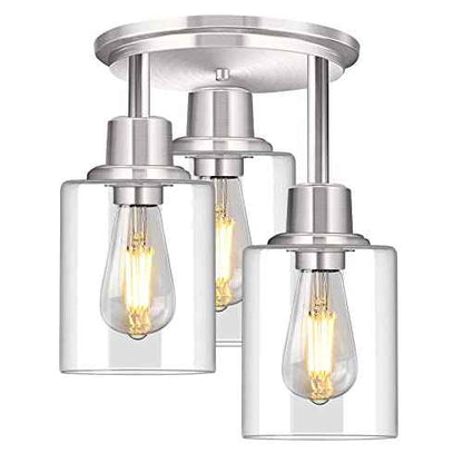 ROTTOGOON Semi Flush Mount Ceiling Light, 3 Light Close to Ceiling Light Fixtures, Brushed Nickel Finish Kitchen Light Fixtures with Clear Glass Shades, Modern Hallway Lights Fixtures Ceiling Mount