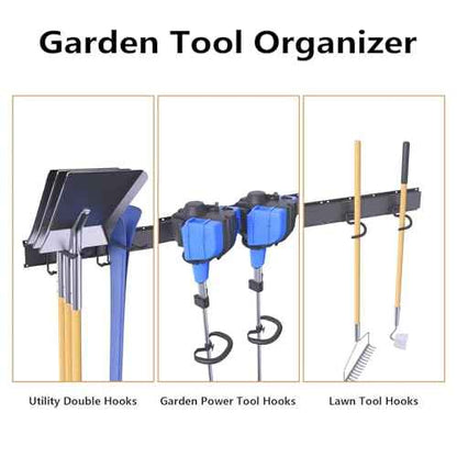 Garage Tool Organizer, 64 Inches Garden Tool Storage Rack Wall Mount, Adjustable 14 Pcs Heavy Duty Hooks, Yard Organization for Weed Wacker, Weed Eater, Shovels, Trimmers, Hoses