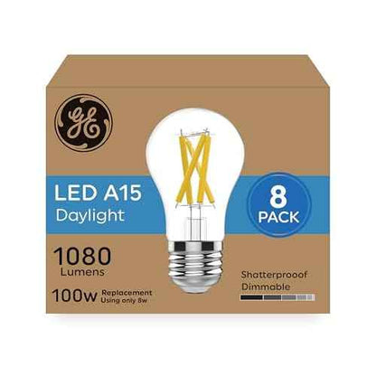 GE Ultra Bright LED Light Bulbs, 100 Watt Equivalent, Daylight, Ceiling Fan Clear A15 Bulbs (8 Pack)