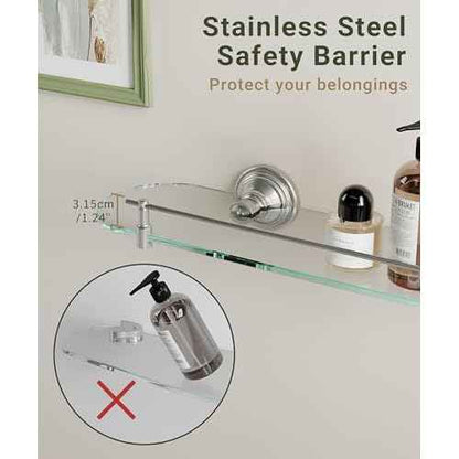 Glass Shelf for Bathroom, 20 Inch Glass Floating Shelves for Wall, Glass Bathroom Shelves with Stainless Steel guardrail (Brushed Nickel)