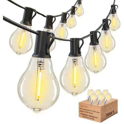 DAMAING 200FT LED Outdoor String Lights with 100+5 Shatterproof Edison LED Bulbs A39, Waterproof Commercial Grade Patio String Lights for Outside Porch Backyard Garden Deck Decor, 2200K Dimmable