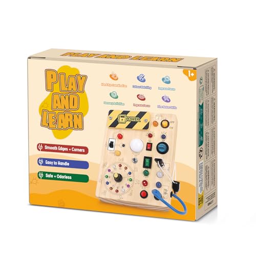 Iabedi Busy Board, Montessori Toy for 1-3 Years Old, Wooden Toddler Sensory Travel Toy, Ideal Gift for 1+ Year Old Boys (Busy Board Plus V2), Medium, Yellow