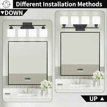 4-Light Black Bathroom Vanity Light, Light Fixtures with Milky White Frosted Glass Shades, Black Vanity Light for Bathroom Mirror, Bedroom, Living Room, Vanity Table, E26 Base