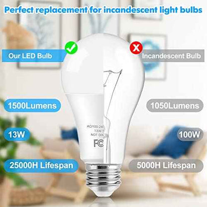 LED Light Bulbs, 100 Watt Equivalent A19 LED Bulbs, 13W 5000K Daylight White 1500 Lumens Non-Dimmable Bright E26 Edison Medium Screw Bulbs for Home Bedroom Living Room Office Outdoor Lamp, 30-Pack
