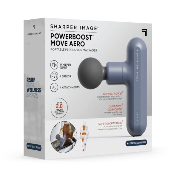 Sharper Image Percussion Massage Gun, Powerboost Move, Lightweight & Portable, 4 Attachments, 4 Speeds, Full Body Back & Shoulder Massager for Deep Tissue Muscle Recovery, Pain Relief & Soreness