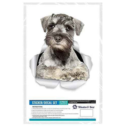 Winston & Bear 3D Curious Schnauzer Wall Decals - Miniature Schnauzer Dog Sticker for Fridge, Door, Car Window and Bumper - Retail Packaged Dog Lover Gift - 2 Pack