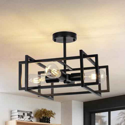 Industrial Semi Flush Mount Ceiling Light Fixture,4-Light Kichen Light Fixture Ceiling Mount,Farmhouse Chandelier,Modern Black Ceiling Light for Dining Room, Bedroom, Hallway