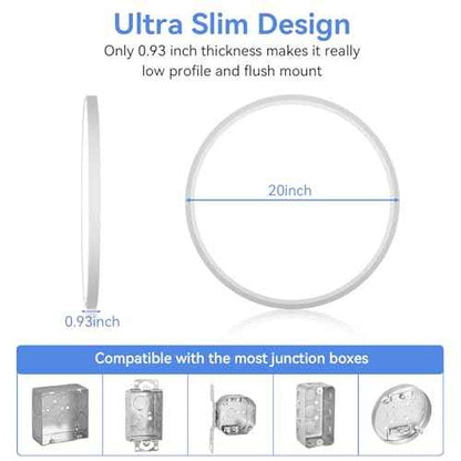 hunhun 20 Inch Dimmable 50W 5200M LED Flush Mount Ceiling Light Large Ceiling Light Fixture,3000K/4500K/6000K Selectable,Ultra Thin Flat Ceiling Lamp for Kitchen, Bedroom, Living Room(White,1Pack)
