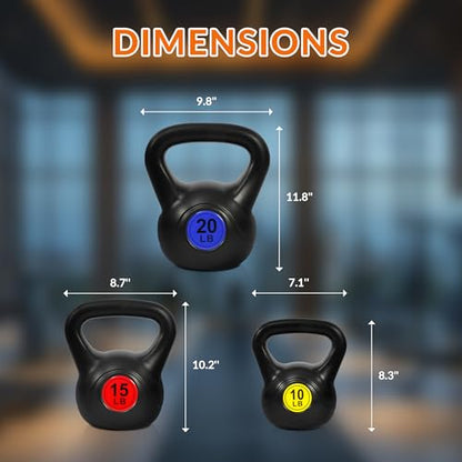 Fitvids Wide Grip 3-Piece or 4-Piece Kettlebell Exercise Fitness Weight Set, Include 5 lbs, 10 lbs, 15 lbs and 20 lbs, Set of 3 or Set of 4