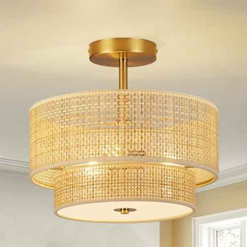 Boho Light Fixture Ceiling Mount,13'' Semi Flush Mount Ceiling Lights Fixture,3-Light Farmhouse Chandelier,Rattan Ceiling Light with 2-Tier Drum Shade,Drum Light Fixture for Bedroom Living Room