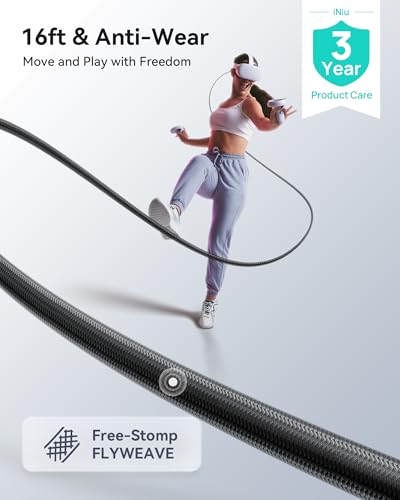 INIU Link Cable with Charging [16ft] for Meta Quest 3s Oculus Quest 3 Quest 2/Pro, Pico 4, PC VR, Steam VR, USB 3.0 High Speed Data Cable, USB C Charger Cord for VR Headset Accessories