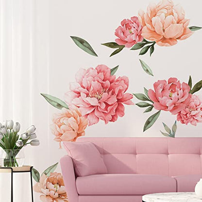 Peony Flowers Wall Decals, Watercolor Elegant Peonies Rose Floral Wall Stickers, FODIENS Pink Blossom Flower Wallpaper Art Applique for Living Room Bedroom Girls Room