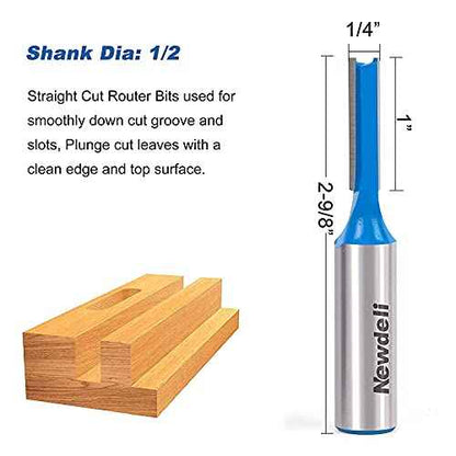 Straight Cut Router Bits, Newdeli 3pcs 1/2 Shank Double Flute Straight Router Bit Set Straight Dado Wood Milling Cutter with 1/4", 3/8", 1/2" (Dia.)