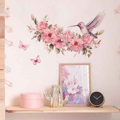 Pink Hummingbird Butterfly Flower Wall Stickers, sacinora Peach Blossom Peony Bird Wall Decals Removable Vinyl Peel and Stick for Girl Woman Nursery Living Room Bedroom Art Decorations