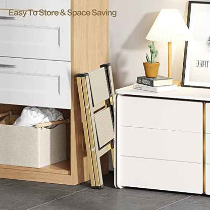 GameGem 2 Step Ladder, Aluminum Folding Step Stool with Anti-Slip Sturdy and Wide Pedal, Lightweight Portable Multi-Use Stepladder for Home and Kitchen Use Space Saving, Gold, 330 lbs