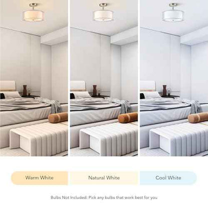 VONLUCE Semi Flush Mount Ceiling Light, 13'' Ceiling Light Fixture with 2-Layer Fabric Shade, 3-Light Modern Drum Light Fixture for Bedroom Living Room Entryway Hallway, White Shade & Nickel Finish