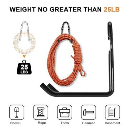 Set of 6 Garage Wall Hooks, Wall Metal Hooks, Double Hooks, Black, Double Garage Hooks for Organizing Ropes, Chairs, Hoses (Model 1)