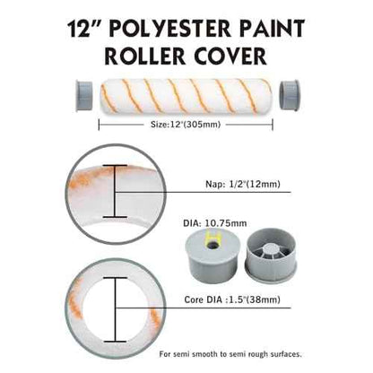 ROLLINGDOG 12 Inch Paint Roller Cover - Large Paint Roller Sleeve for Ceiling,Wall,Floor,Decks Painting (1/2" Nap,Polyester) for Semi-Smooth to Semi-Rough Surfaces