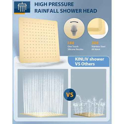 12 Inch Brushed Gold Rain Shower Head with Extension Arm, Rainfall Square Showerhead with 16 Inch Shower Arm All Stainless Steel, 144 Outlets Waterfall Full Body Coverage