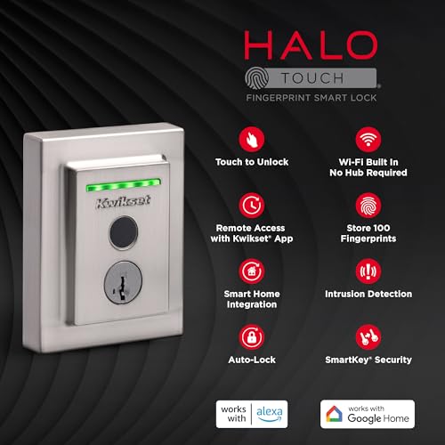 Kwikset Halo Touch Fingerprint Wi-Fi Smart Lock, Keyless Entry Door Low Profile Deadbolt, Geofence Auto-Unlock, Grade AAA Certified, No Hub Easy Install, Matte Black Lifetime Finish Warranty, Square
