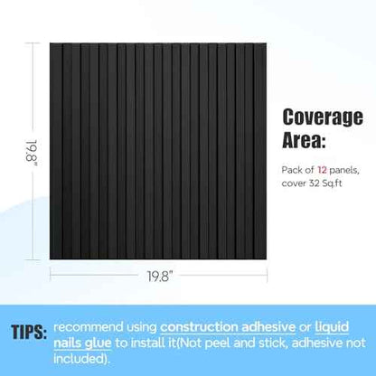 STICKGOO Slat Wall Panel, 3D Wall Panels for Interior Wall Decor PVC Fluted Textured Panel 12-Tile 19.7 x 19.7in - Black