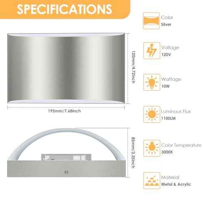 FOLKSMATE Modern LED Wall Sconces, 3000K Warm White Wall Lights Set of 2, 10W Up and Down Mount Light, Sliver Hardwired Indoor Sconces Lighting Lamp for Bedroom Bedside Hallway Living Room