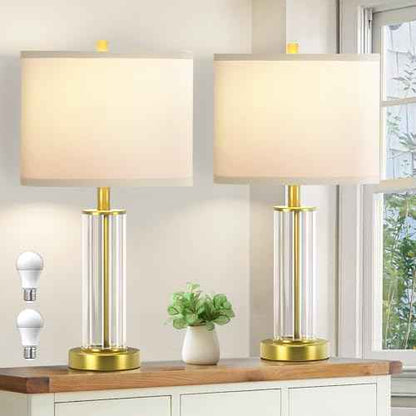 Modern Table Lamps for Bedrooms Set of 2, 22.8" Gold Glass End Table Lamps for Living Room with 3-Color Temperature, White Shade Bedside Nightstand Lamps, None-fillable