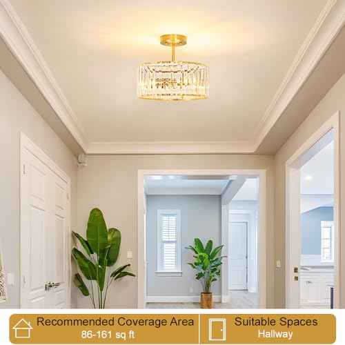 Modern Crystal Ceiling Light, Brushed Gold Semi Flush Mount Ceiling Lighting Fixture, Brass Hallway Light Fixtures Chandelier for Kitchen, Bedroom Dining Room Hallway Closet, 3-Light, 12 Inch