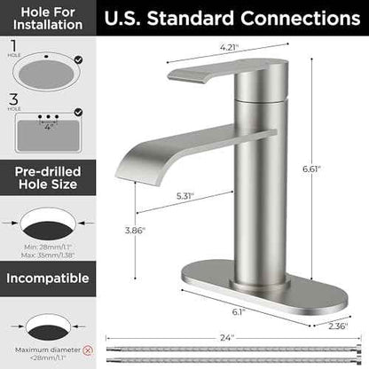 FORIOUS Brushed Nickel Bathroom Faucets, Modern Waterfall Bathroom for 1 or 3 Hole, Single Handle Faucets with Metal Pop Up Drain and 24" Supply Hoses