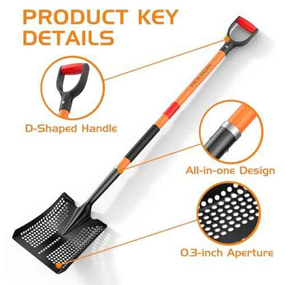 HIGHLIGHT Sifting Shovel, Heavy Duty Metal Sand Sifter for Beach, 45" Long Sifter Shovel for Beach Fun, Chicken Coop, Farm Goat Stall Sand Poop Cleaning, with Ergonomic D-Grip Handle