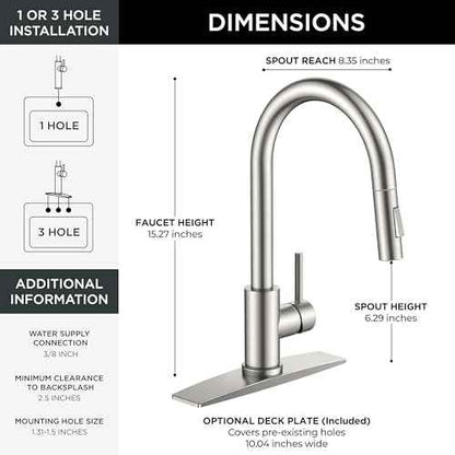 FORIOUS Kitchen Faucet with Pull Down Sprayer, Classic Single Hole Kitchen Sink Faucet with Deck Plate, Brushed Nickel Single Handle, High Arc Stainless Steel for RV Bar Farmhouse Laundry Outdoor