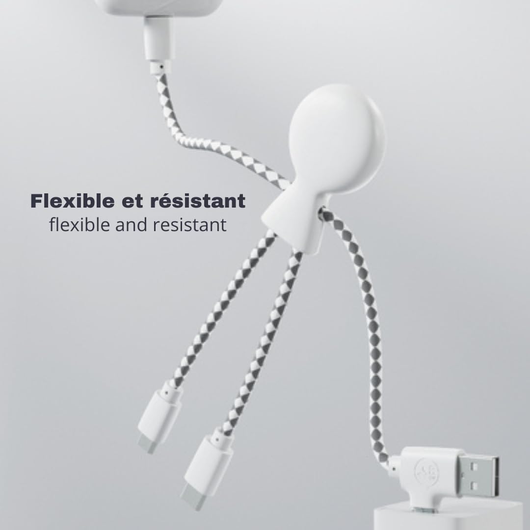 Xoopar Multi USB Cable 4 in 1 - Universal Charger Made from Recycled Plastic - USB, USB-C, Lighting, Micro USB Ports - Compatible with All Smartphones Mr Bio White Octopus