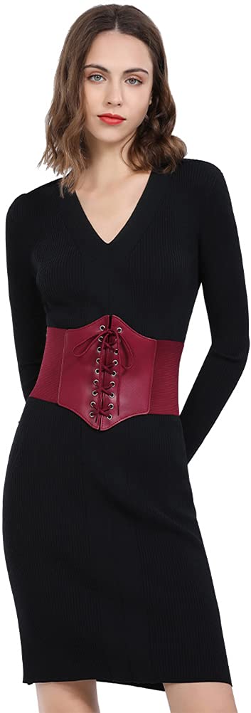 Hoerev Corsets Belt Tops Leather Vest Pirate Halloween Costume Lace Up Waist Belt Bustiers Corsets For Women, Plum, M