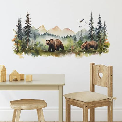 Animals Wall Stickers Mountain Forest Wall Decal for Nursery Bedroom, Wild Jungle Animal Wall Deals Vivid Bears Wall Art Murals Peel and Stick Home Decors for Study Room Living Room