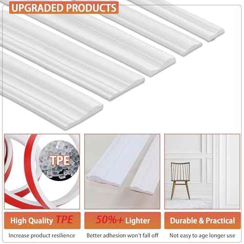 Peel and Stick Chair Rail Panel Molding, 240''L x 2.36''W Strong Self Adhesive TPE Wall Moulding Trim for Home DIY Decoration (Paintable White)