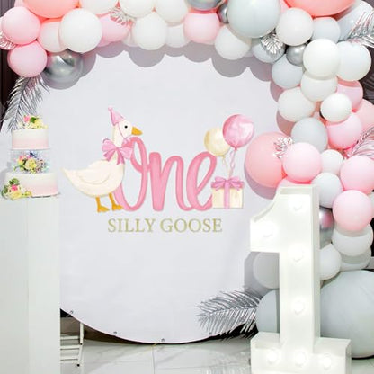 One Silly Goose Party Decal Sign Pink First Birthday Wall Sticker Pink Bow Goose Sweet Party Backdrop Photo Prop for 1st Girl Birthday Balloon Arch