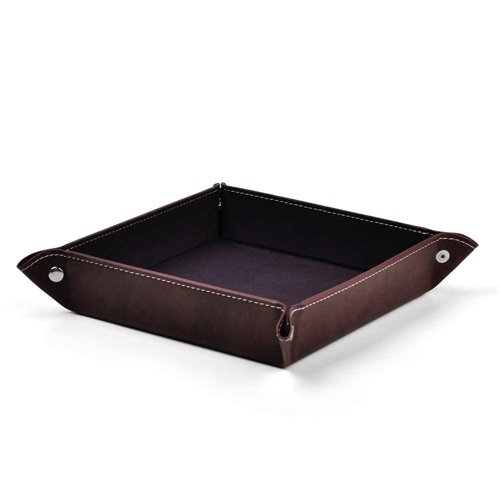 Oirlv Premium Leather Valet Tray for Men Jewelry Organizer, Desktop Storage,Key Wallets Cell Phones Catchall Tray Nightstand or Dresser Organizer Plate (Purple)