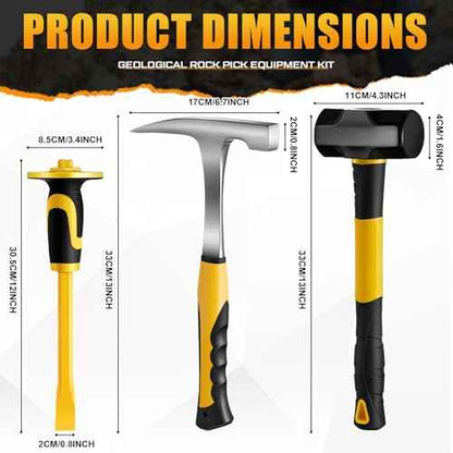 Lasnten 3 Pcs Geology Rock Pick Equipment Kit 33 oz Hammer 3lb Octagonal Hammer 12inch Chisels Tools for Geological Research Exploration, Rock Hounding, Stone Breaking, Prospecting, Mining