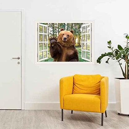 Bear Wall Sticker Decal Peel and Stick Brown Bear Window View Wall Mural Sticker for Bedroom Living Room Kids Boys Room Dorm Decor