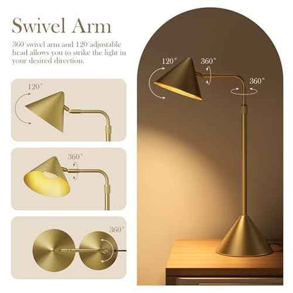 Metal Desk Lamp, 3000k Soft Light Modern Desk Lamp with Dimmer Switch, Adjustable Lighting with Swivel Arm Reading Lamp for Bedside Table, Office Desk, Task Light, Living Room(Gold)